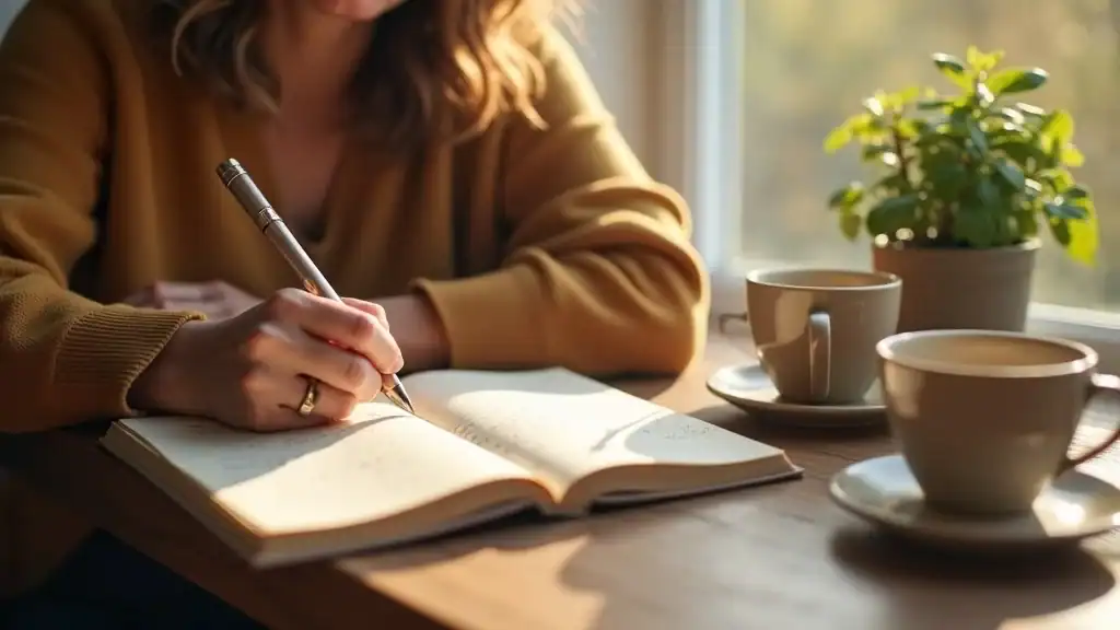 Person writing in a gratitude journal by the window as a stress management activity, calm morning light—photorealistic, natural setting.