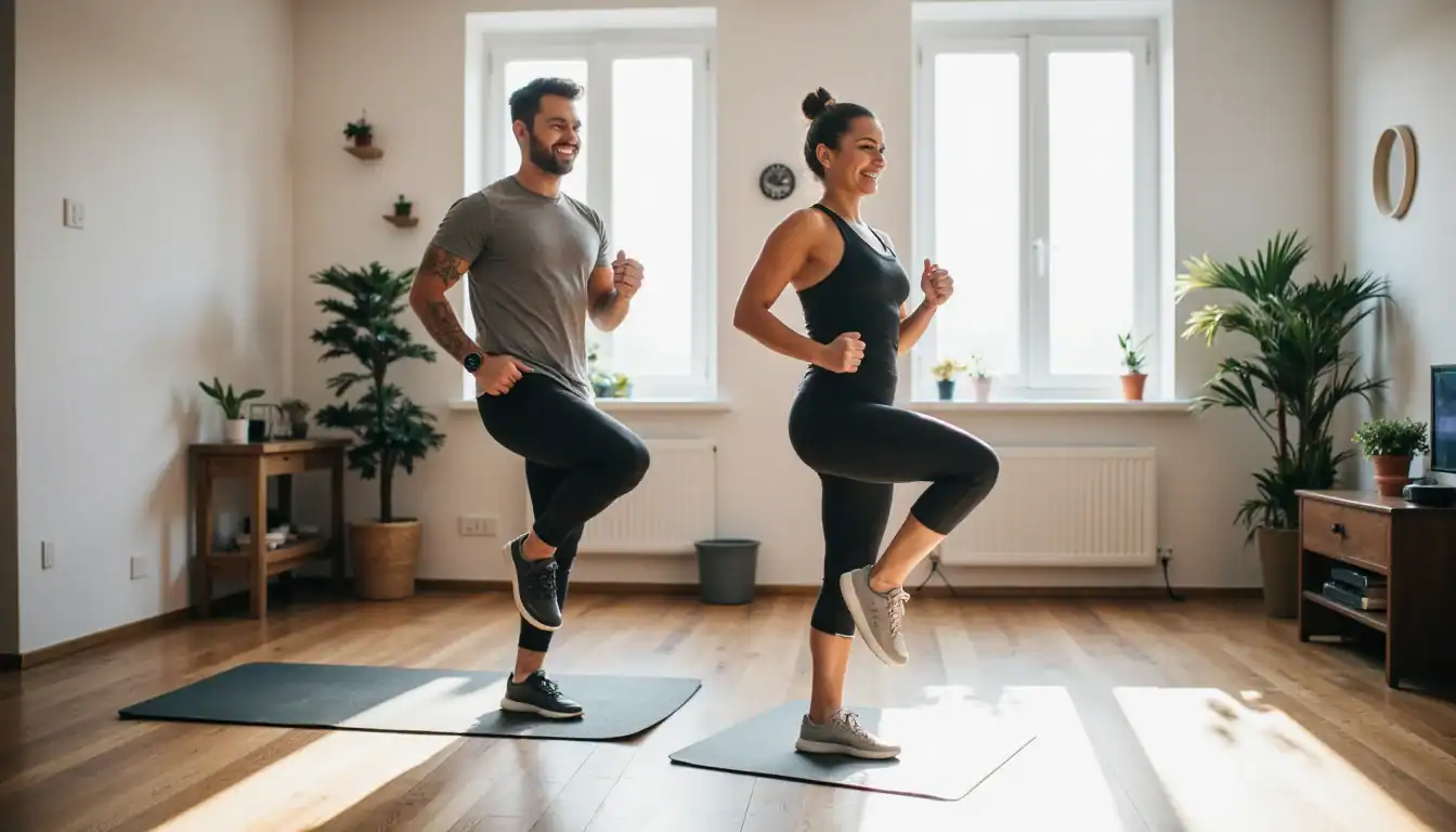 Healthy mature adult and teenage daughter doing simple home cardio together, smiling, in a bright family room with a playful pet dog