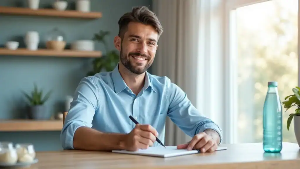 how to do intermittent fasting planning fasting schedule confident man healthy food water minimalist apartment photorealistic