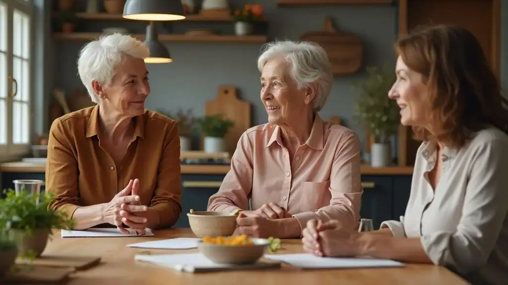Diverse group of women over 50 selecting the best intermittent fasting schedule for women in a cozy kitchen, planning healthy meals