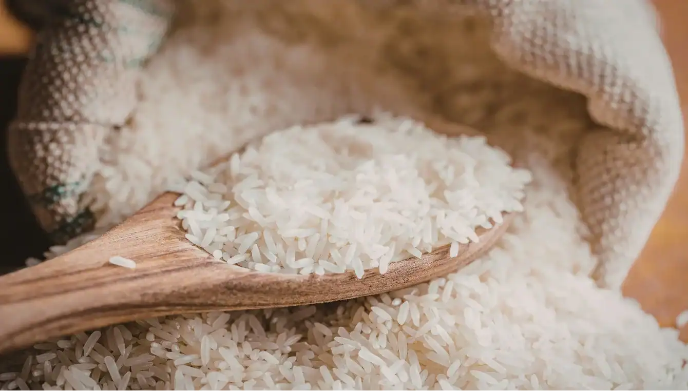 A fit adult using a measuring cup to scoop cooked basmati rice onto a digital scale, with fresh herbs in the contemporary kitchen background.