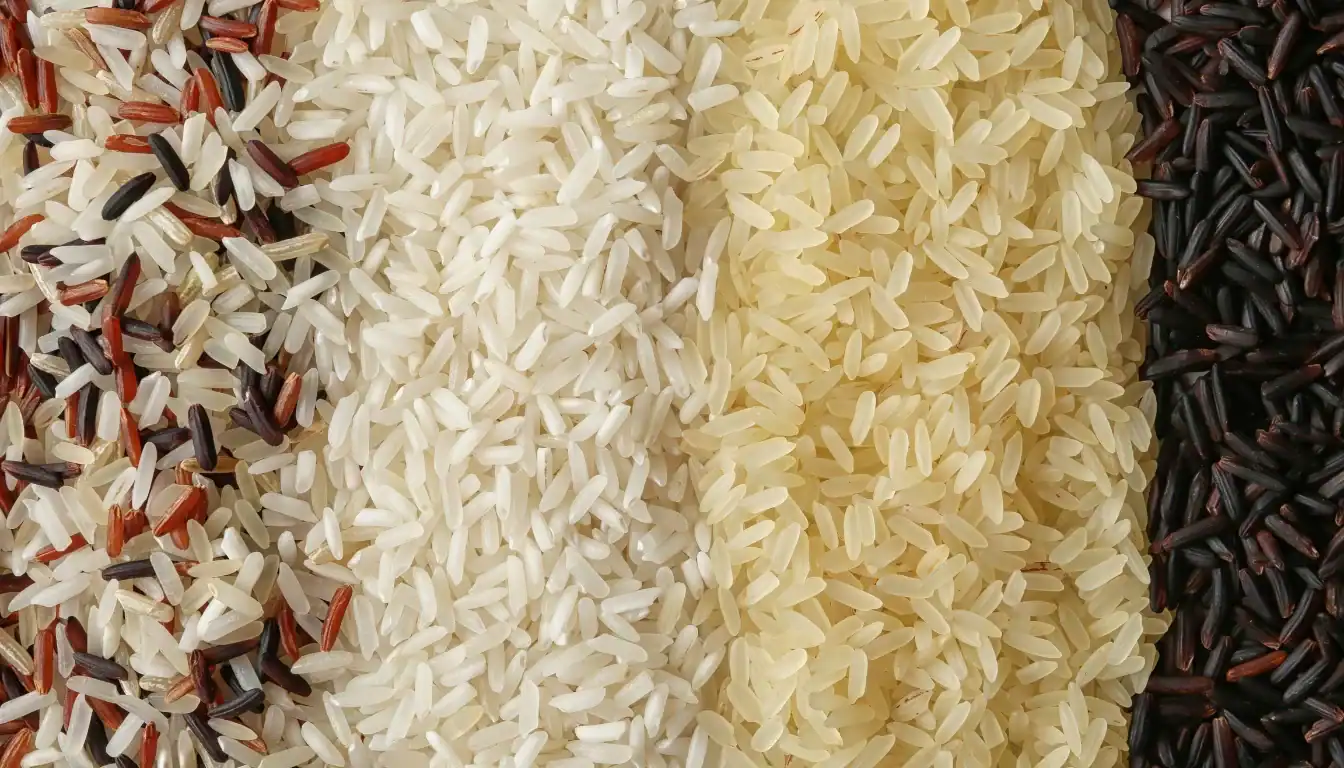 Variety display of uncooked basmati rice grains with brown and white rice on a modern kitchen counter, showing differences up close.