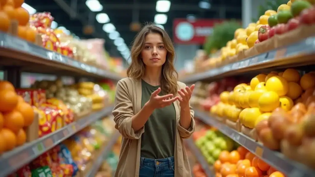 Person choosing between processed snacks and whole foods for weight loss and calorie intake