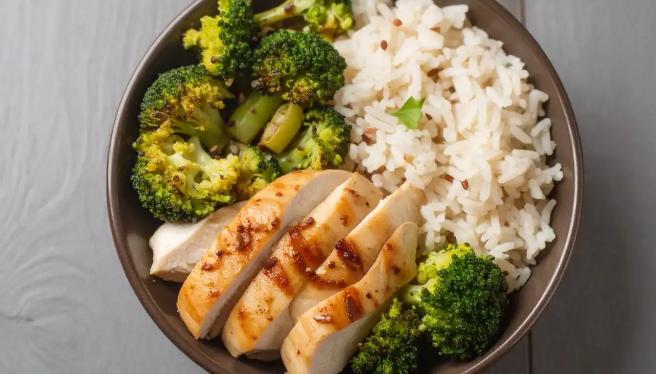 Cooked basmati rice served with grilled protein and colorful vegetables, presented on a wooden dining table with nutritious accompaniments.