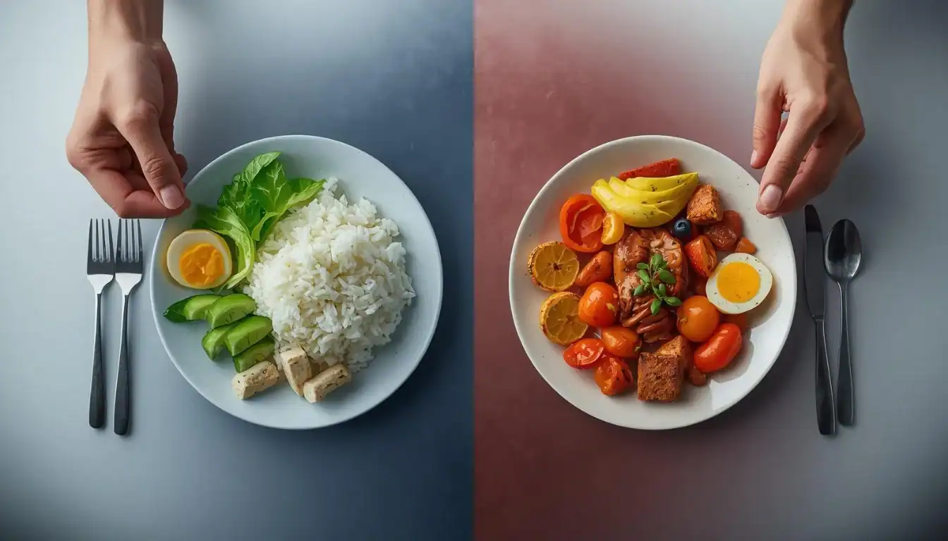 Fact vs myth about rice and weight loss - balanced meal with rice contrasting unhealthy alternatives