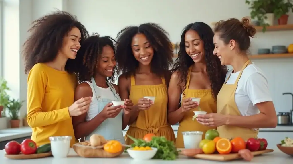 diverse group enjoying healthy foods for gut microbiome weight loss in a modern kitchen - fruits, veggies, yogurt