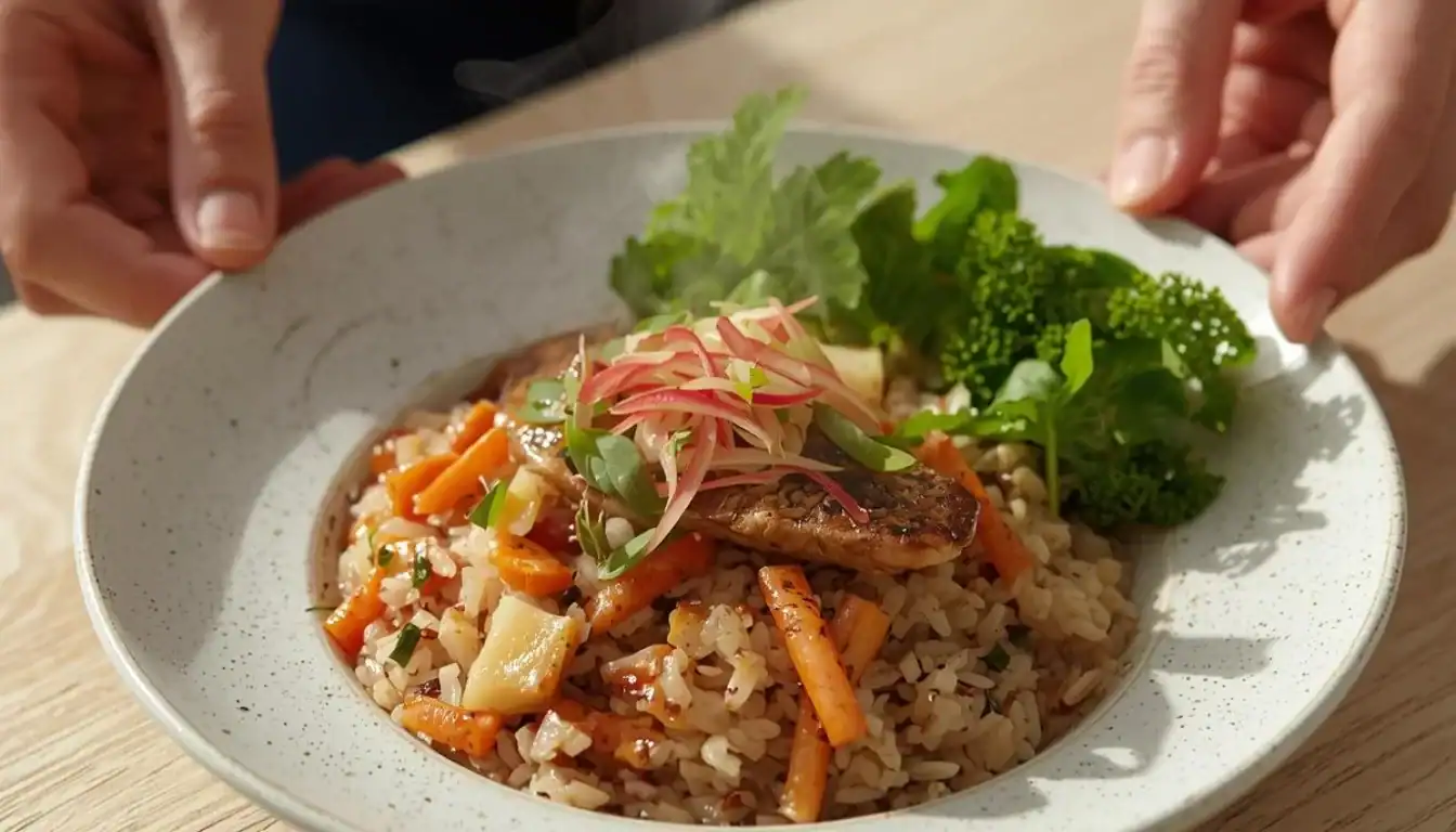 Fried rice with vegetables good for weight loss - healthy meal of brown, red, or wild rice with vibrant veggies and lean protein