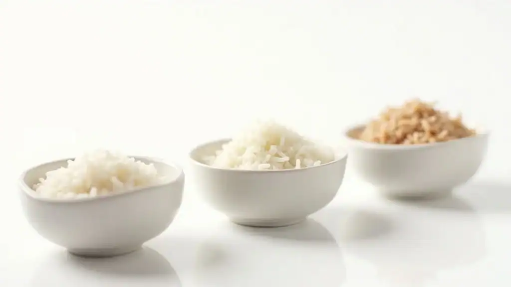 Infographic comparing calorie counts of basmati, white, and brown rice in photo-realistic bowls on white background.