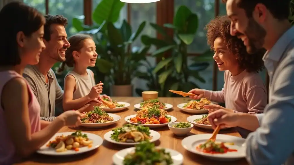 nutrition trends 2025 family enjoying nutritious dishes featuring alternative proteins and probiotics