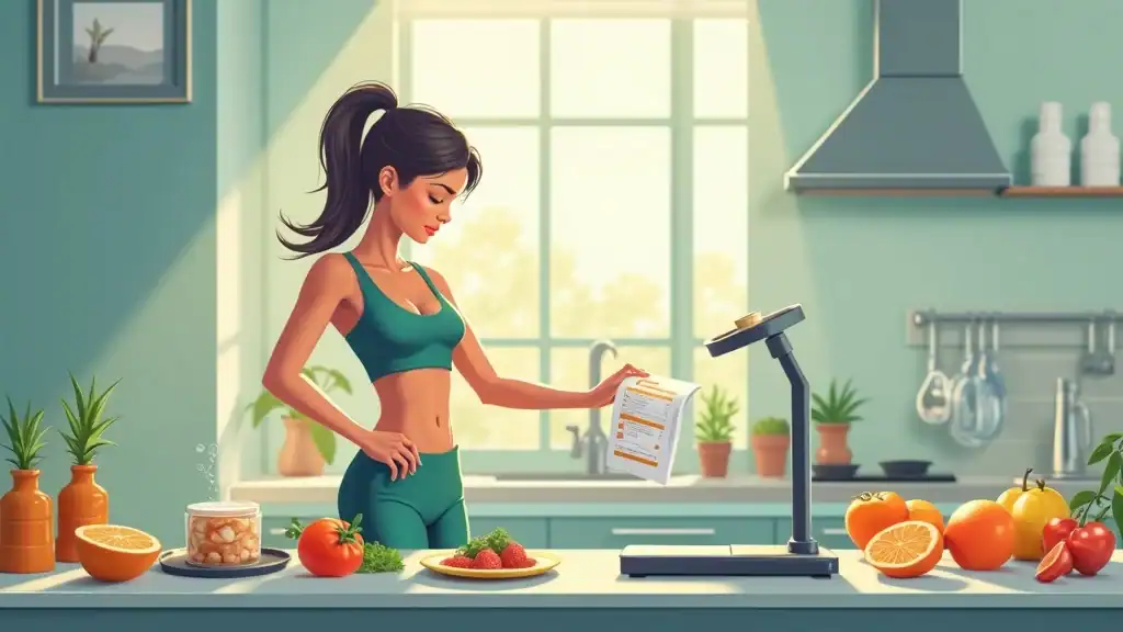 Person with body composition scales and healthy foods calculating how many calories to eat to lose weight