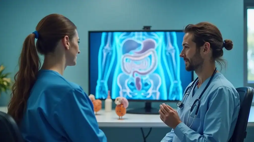 surgeon explaining changes to gut microbiome after bariatric surgery, patient listening attentively