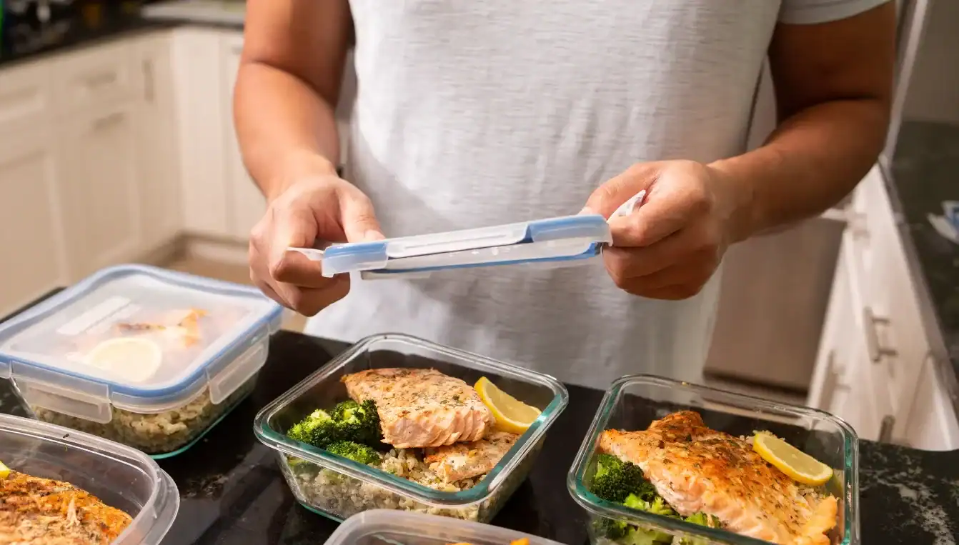 Home kitchen meal prep for weight loss - portioning rice and colorful vegetables in containers
