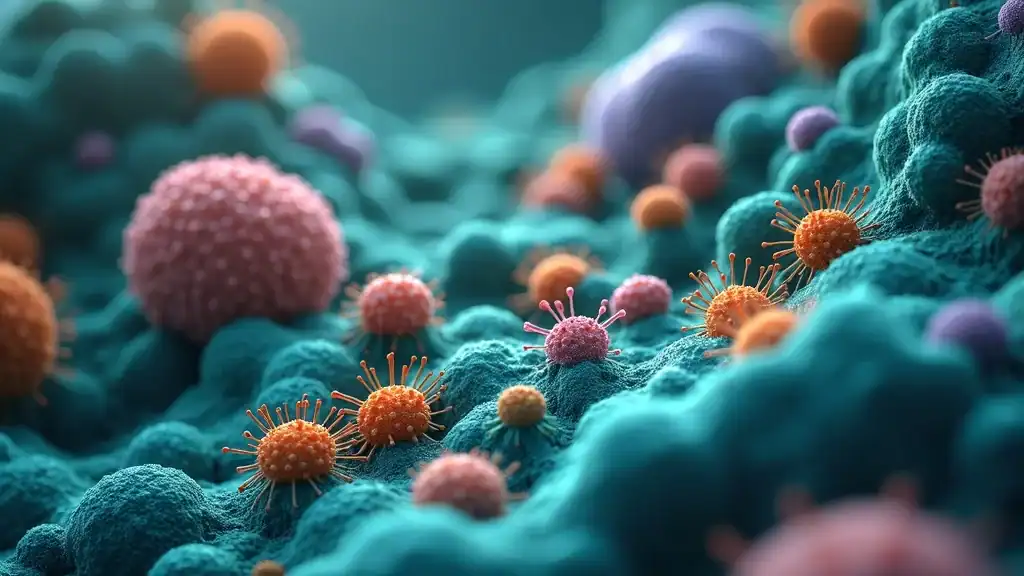 high-res illustration of gut microbiome bacteria in vibrant colors for gut microbiome and weight loss