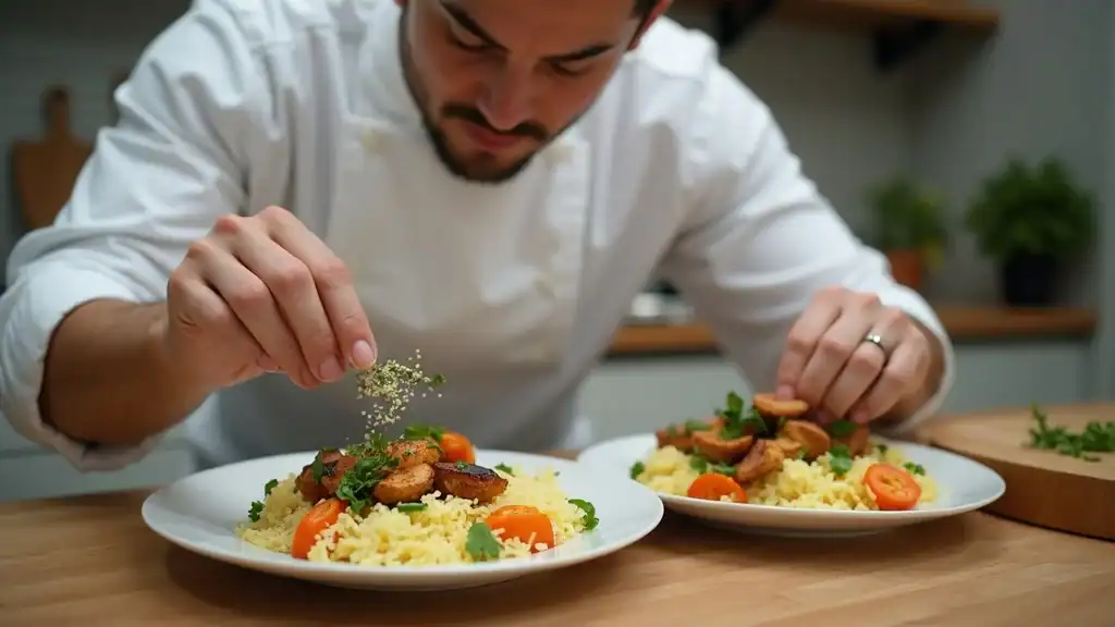 Chef in a bright kitchen preparing balanced basmati rice meal with grilled tofu, steamed vegetables, and healthy plating.