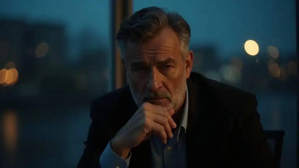 Middle-aged professional reflecting on chronic stress in a modern home office