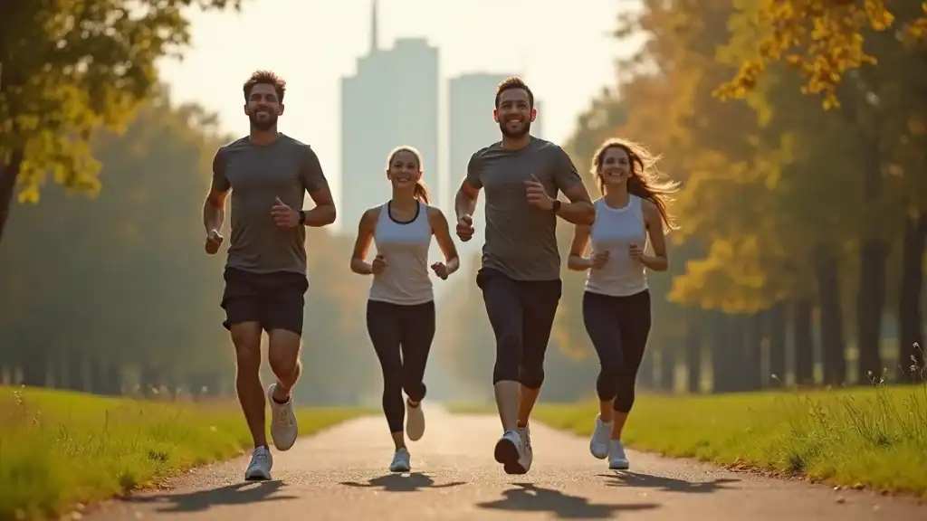 adults exercising outdoors after following an intermittent fasting schedule, symbolizing health benefits, positive group energy on a park trail