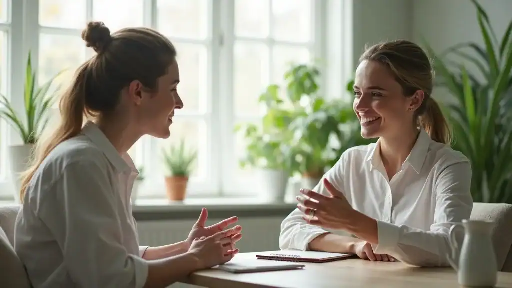 Therapist and client in stress management psychotherapy session focusing on cognitive techniques