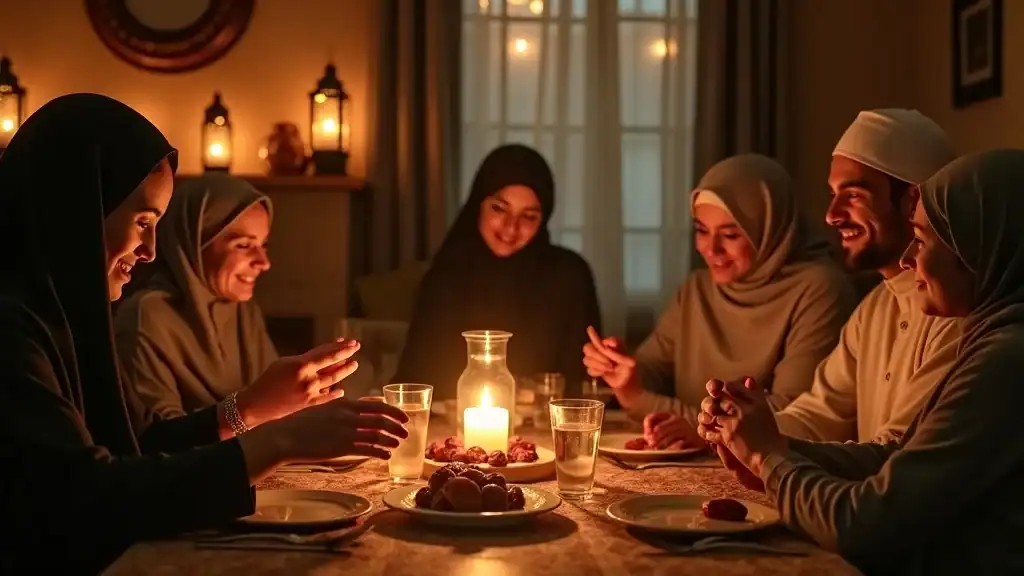 muslim fasting schedule depicted by a serene Muslim family breaking fast at sunset, preparing for iftar meal with dates and water on a traditional dining table