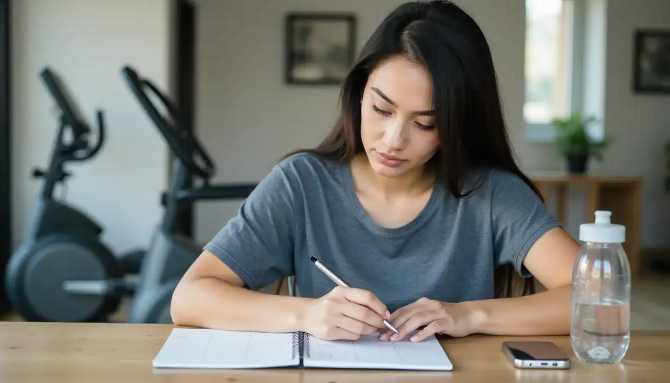 Focused young adult examining fitness planner with fitness targets at home table, gym equipment in background