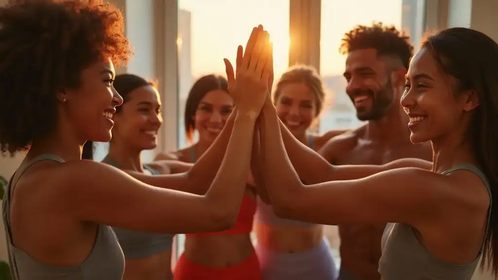 Celebrating group after cardio home workout, diverse beginners smiling and relaxed