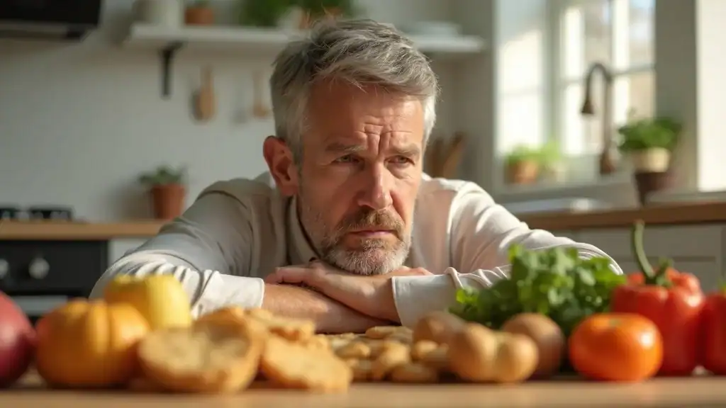 foods to avoid after fasting - concerned adult choosing between processed and whole foods in a bright kitchen