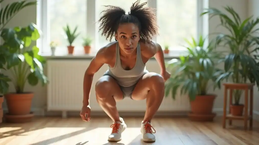 Squat jump exercise in beginner home cardio workout, motivated adult mid-air