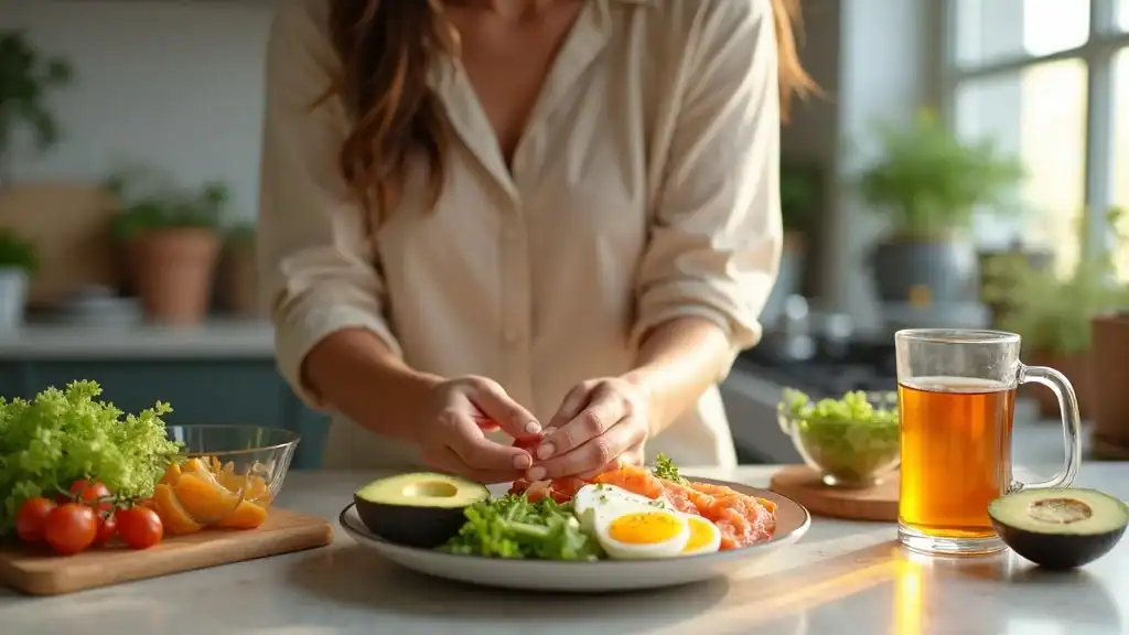 foods to eat after fasting - plate of avocado, salmon, eggs, and steamed vegetables