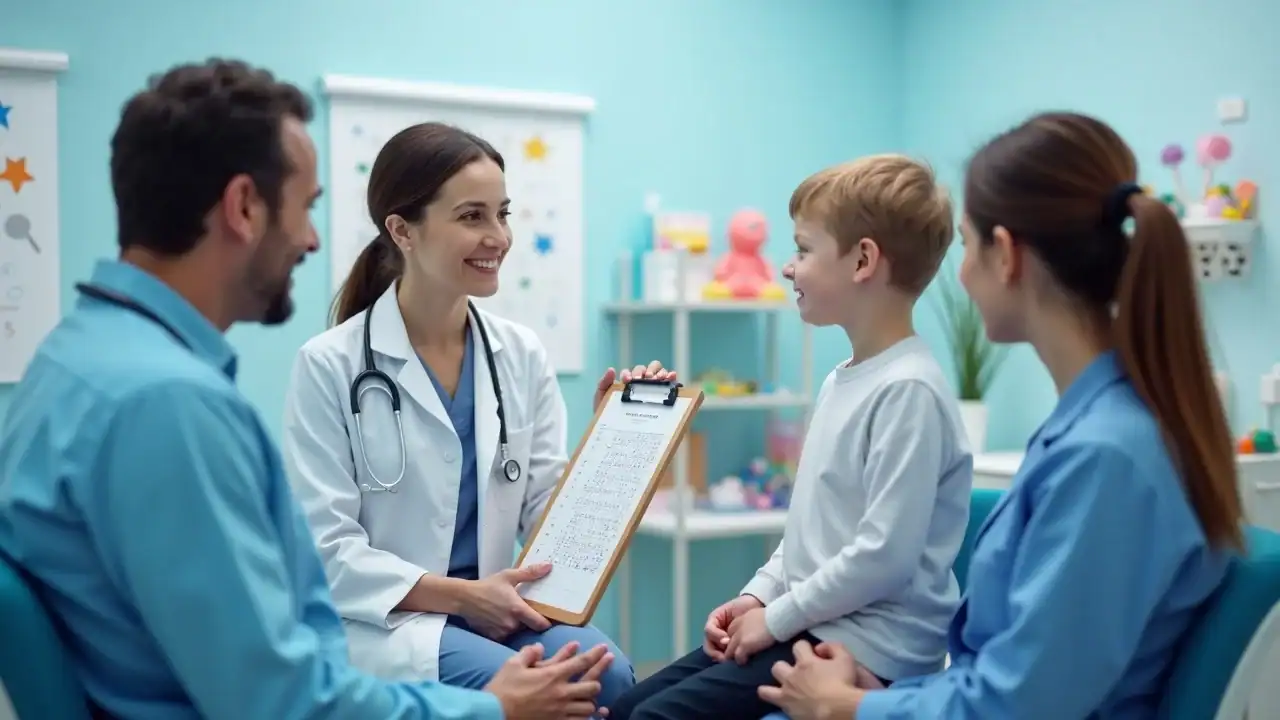 Pediatrician consulting with parents and child about childhood obesity in a modern exam room, photorealistic medical scene