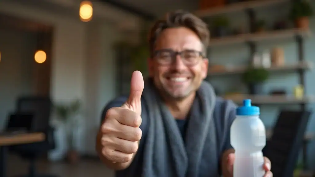 Personal coach encouraging beginner at home workout, thumbs up in workout space