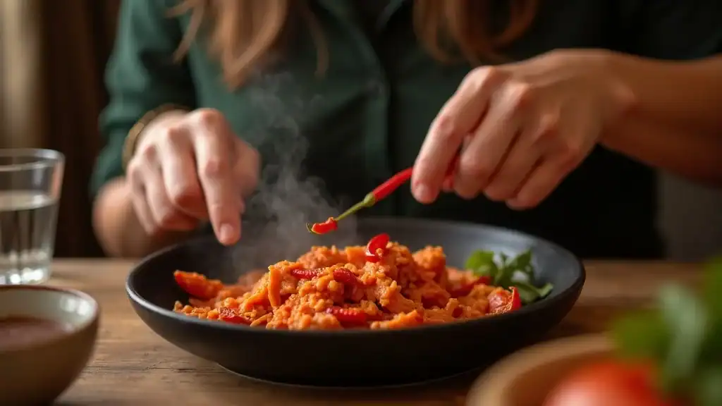 foods to avoid after fasting - cautious adult pushing away spicy meal with chilies after a day fast