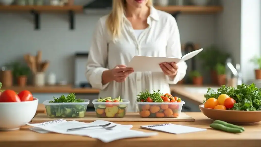break your fast meal planning - adult prepping healthy meals with veggies and lean proteins
