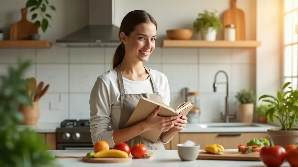 Confident adult tracking caloric intake in modern kitchen with fresh produce, calorie science definition