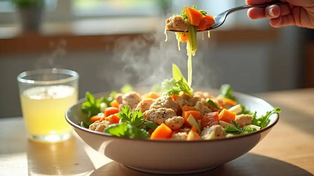 foods to eat after fasting - bowl of steamed vegetables and chicken with lemon water