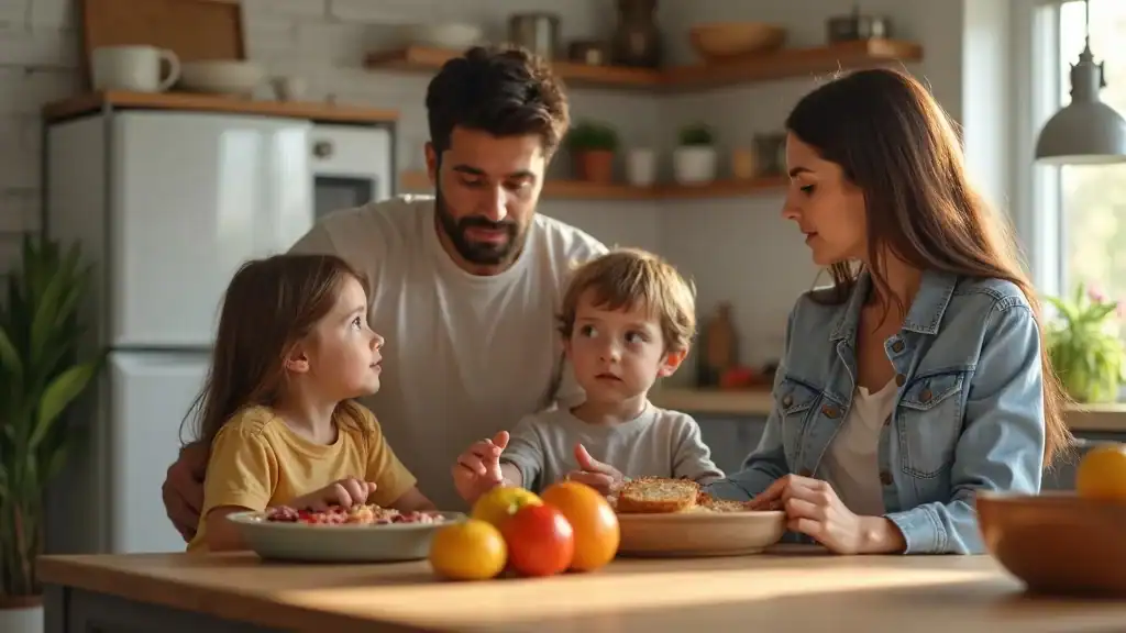 American family discussing meal choices in a kitchen, with fruits and snacks; photorealistic, candid, modern kitchen setting