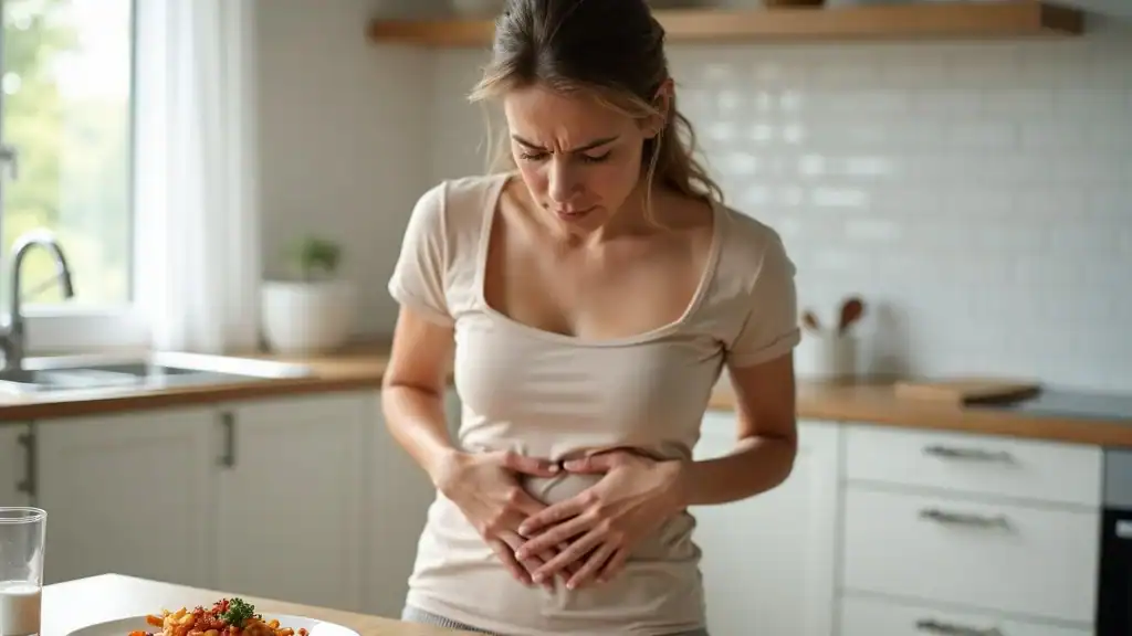side effects of breaking a fast with foods to avoid - woman with digestive discomfort in kitchen