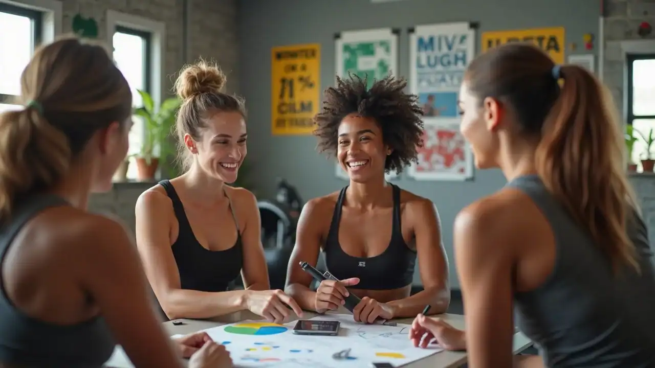 Diverse group setting fitness targets and goals together with charts in a gym