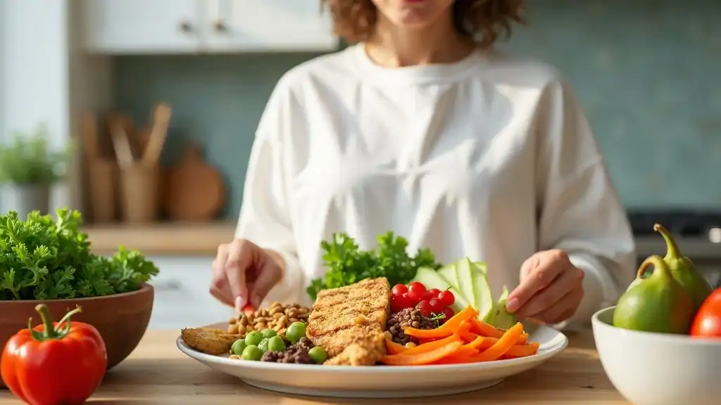 healthy food for beginners - colorful balanced meal with vegetables and lean protein