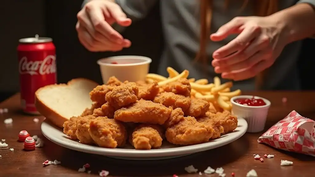 foods to avoid after fasting - plate of fried chicken, white bread, soda, and candy