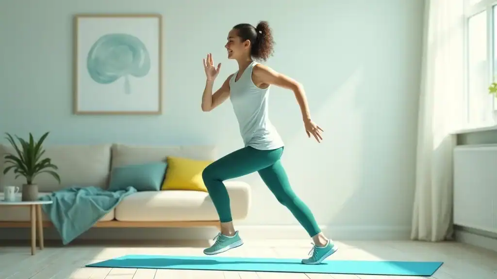 March in place for beginner cardio workout at home, active young adult in modern living room