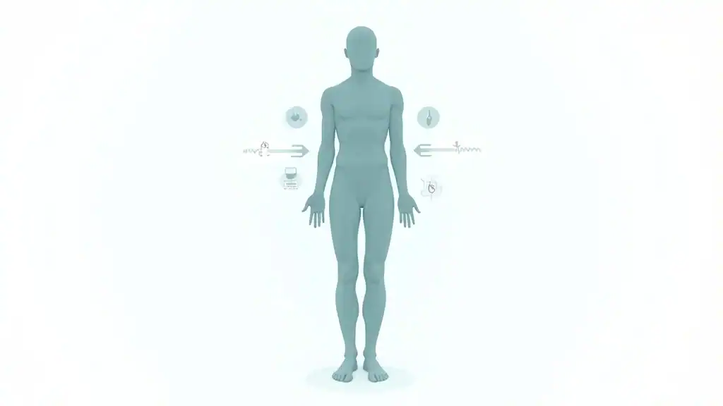 blood sugar and metabolism after fasting - diagrammatic healthy adult with blood glucose arrows and icons