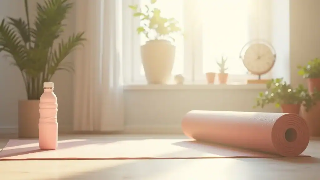 Home cardio workout setup, yoga mat and water bottle in bright living room