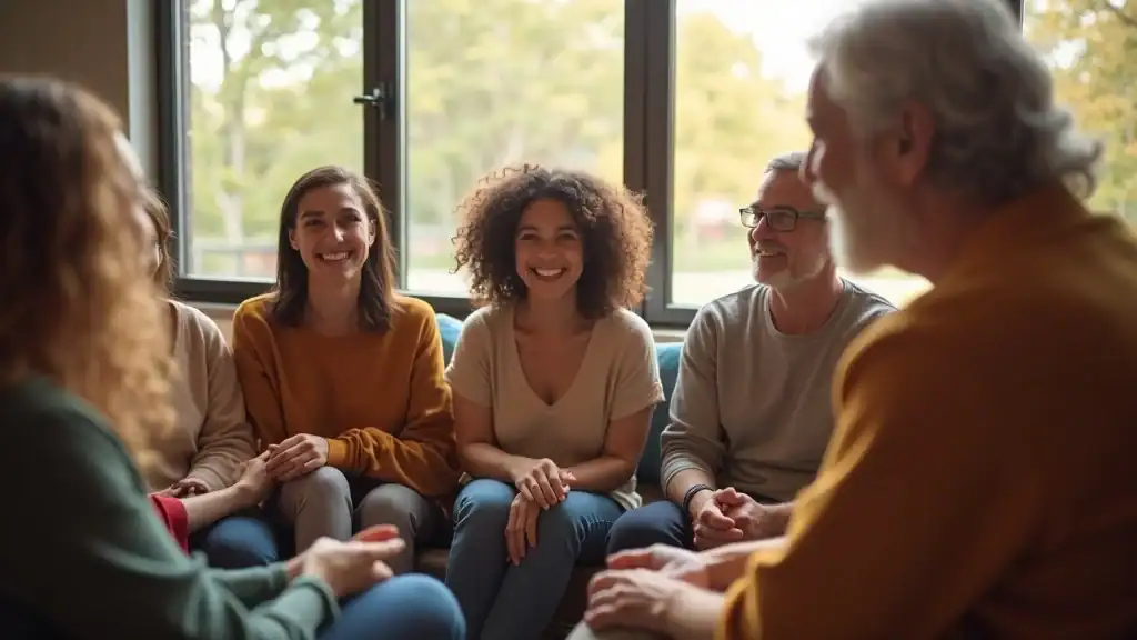 Diverse group practicing mental health care in community center—mental health practices discussion