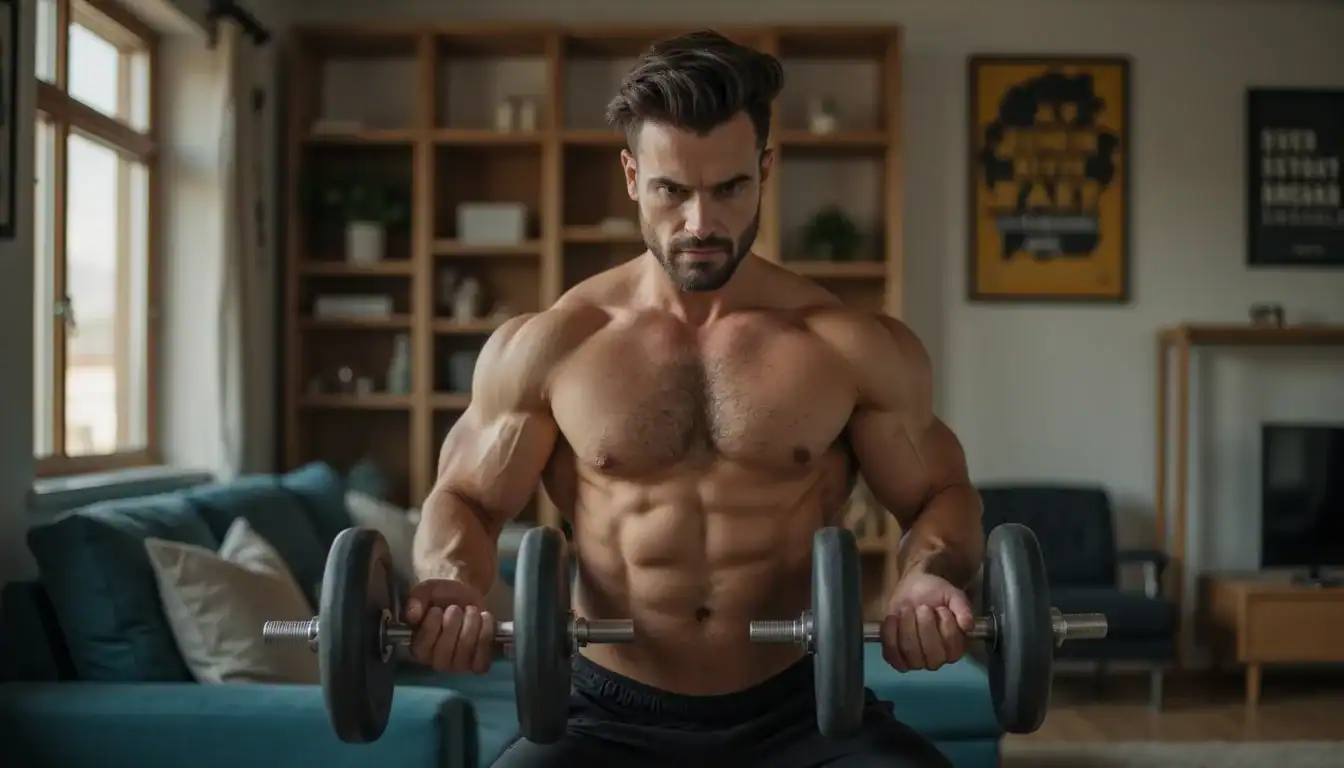 Confident man lifts free weights at home for fitness targets and routine