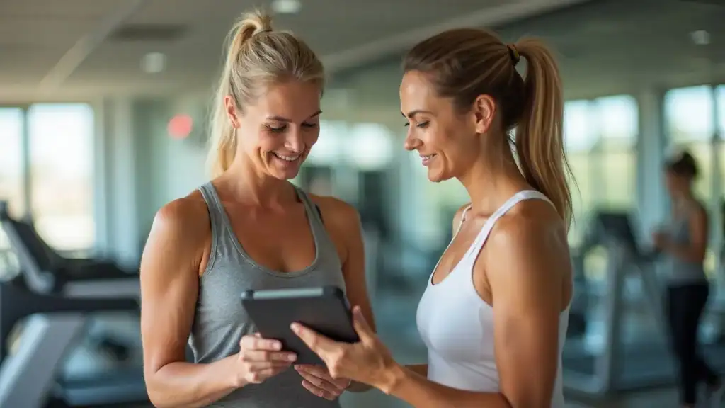 Mature woman reviewing fitness targets with trainer on fitness app at gym