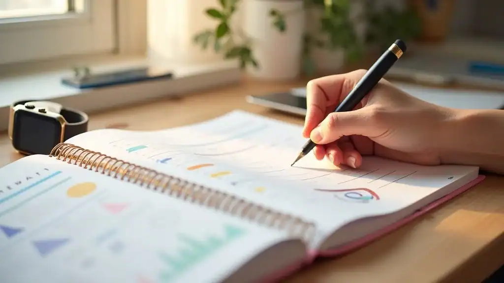Fitness journal and smartwatch on a desk, tracking progress for beginner home workout