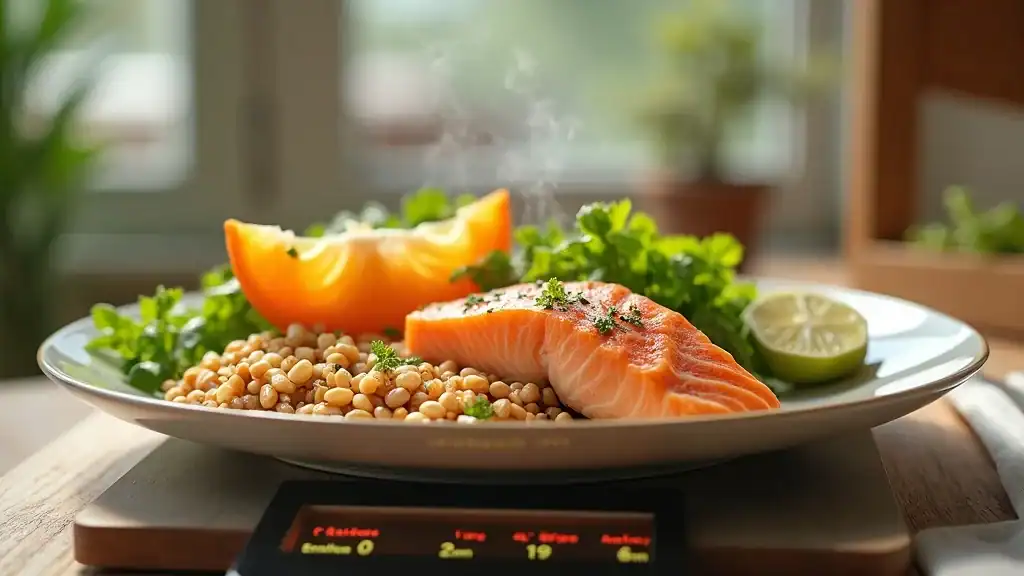 Healthy meal on digital kitchen scale showing energy value, quantifying food energy with calorie science definition