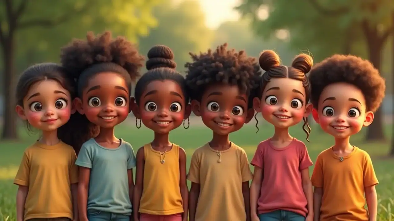 Diverse group of children of multiple ages and ethnicities lined up outdoors representing childhood obesity trends in America; photorealistic and inclusive portrait