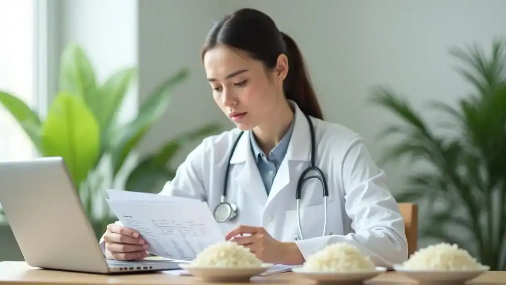 Nutritionist analyzing charts and rice types for rice weight loss in a health clinic office