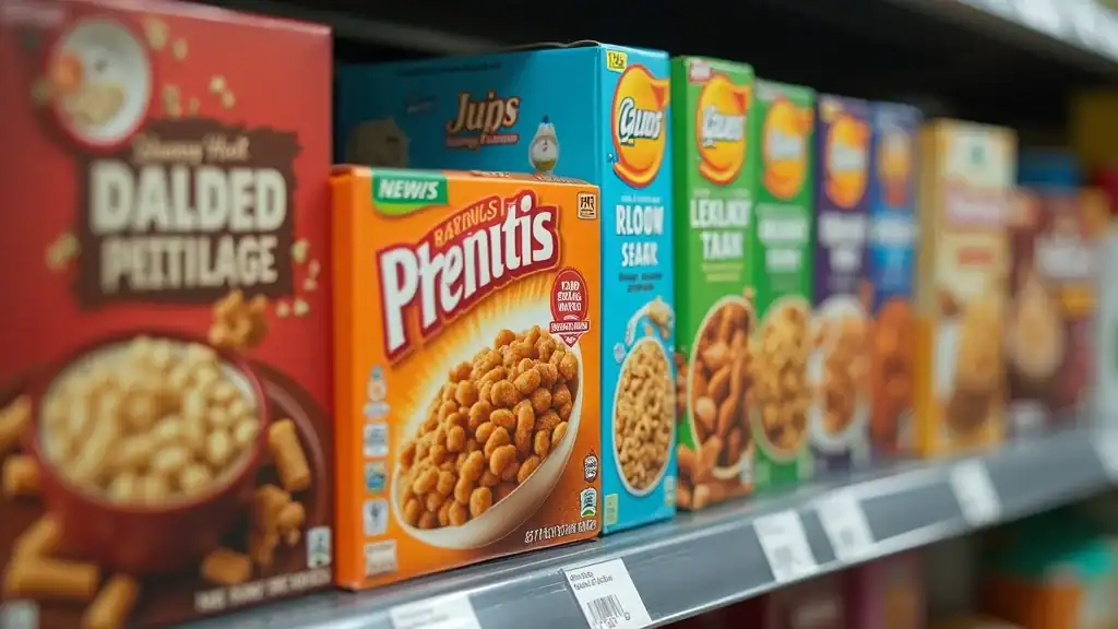 processed food packages ingredient list closeup branded cereal snack foods on grocery store shelf