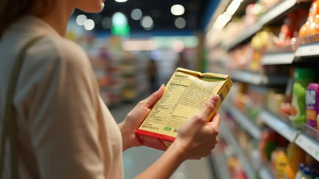 ingredient list hand packaged food processed foods closeup healthy eating grocery store